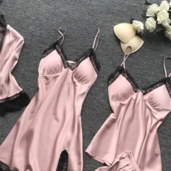 Sale Women's Lace Satin Silk Pajamas Sets 4 Pcs Home Party Daily Elastic Waist Pure Color Satin Simple Casual Soft Strap Top Shorts Fall Winter Spring Strap Short Sleeves Long Sleeve Home Outfits Women Pajama-Setter