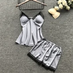 Sale Women's Lace Satin Silk Pajamas Sets 4 Pcs Home Party Daily Elastic Waist Pure Color Satin Simple Casual Soft Strap Top Shorts Fall Winter Spring Strap Short Sleeves Long Sleeve Home Outfits Women Pajama-Setter