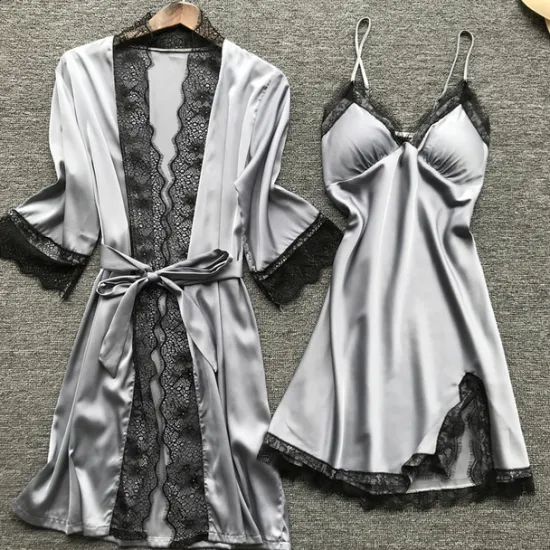 Sale Women's Lace Satin Silk Pajamas Sets 4 Pcs Home Party Daily Elastic Waist Pure Color Satin Simple Casual Soft Strap Top Shorts Fall Winter Spring Strap Short Sleeves Long Sleeve Home Outfits Women Pajama-Setter