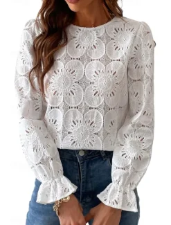 Online Women's Lace Shirt Blouse Plain Active Casual Long Sleeve Crew Neck Regular Tops Daily Holiday Lace Black White Pink Light Blue Summer Women Lace Tops