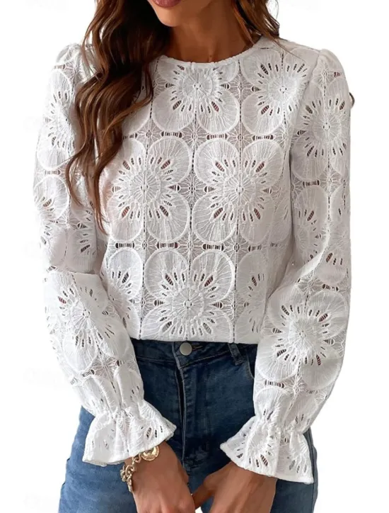 Online Women's Lace Shirt Blouse Plain Active Casual Long Sleeve Crew Neck Regular Tops Daily Holiday Lace Black White Pink Light Blue Summer Women Lace Tops