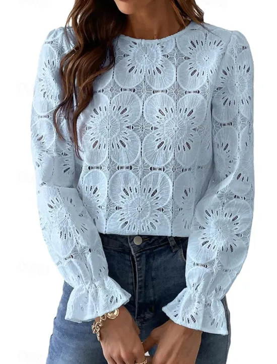 Online Women's Lace Shirt Blouse Plain Active Casual Long Sleeve Crew Neck Regular Tops Daily Holiday Lace Black White Pink Light Blue Summer Women Lace Tops