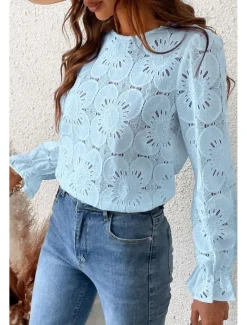 Online Women's Lace Shirt Blouse Plain Active Casual Long Sleeve Crew Neck Regular Tops Daily Holiday Lace Black White Pink Light Blue Summer Women Lace Tops