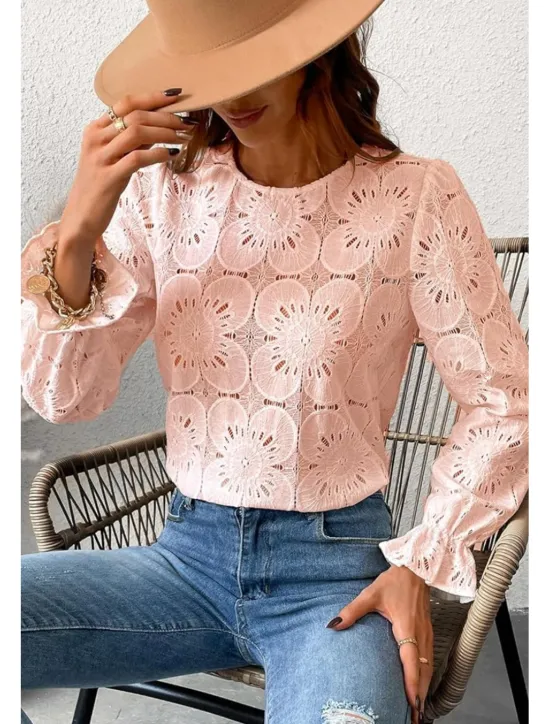 Online Women's Lace Shirt Blouse Plain Active Casual Long Sleeve Crew Neck Regular Tops Daily Holiday Lace Black White Pink Light Blue Summer Women Lace Tops