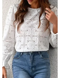 Online Women's Lace Shirt Blouse Plain Active Casual Long Sleeve Crew Neck Regular Tops Daily Holiday Lace Black White Pink Light Blue Summer Women Lace Tops
