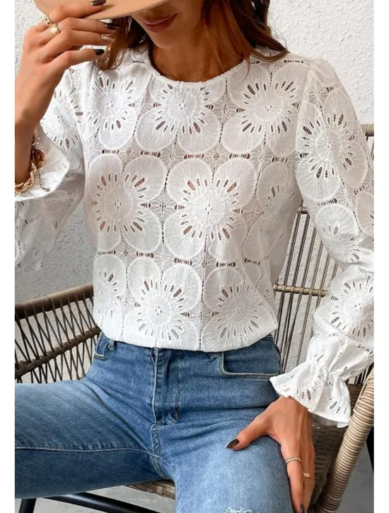 Online Women's Lace Shirt Blouse Plain Active Casual Long Sleeve Crew Neck Regular Tops Daily Holiday Lace Black White Pink Light Blue Summer Women Lace Tops