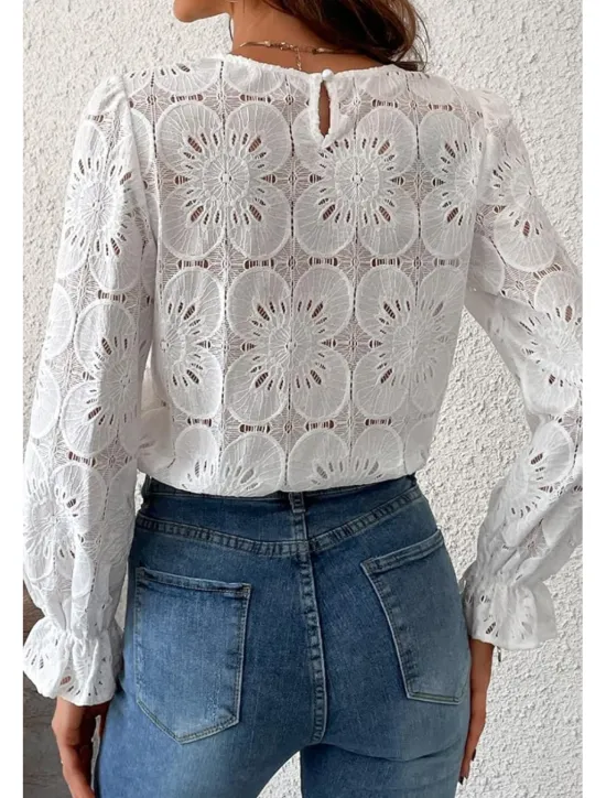 Online Women's Lace Shirt Blouse Plain Active Casual Long Sleeve Crew Neck Regular Tops Daily Holiday Lace Black White Pink Light Blue Summer Women Lace Tops