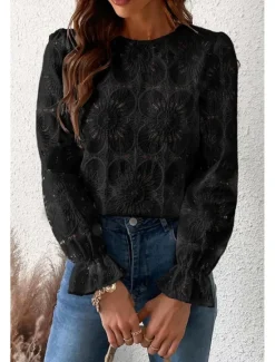 Online Women's Lace Shirt Blouse Plain Active Casual Long Sleeve Crew Neck Regular Tops Daily Holiday Lace Black White Pink Light Blue Summer Women Lace Tops