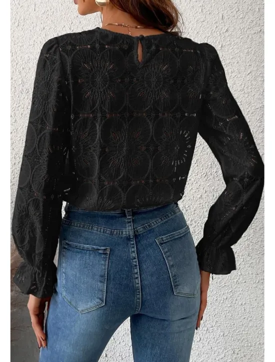 Online Women's Lace Shirt Blouse Plain Active Casual Long Sleeve Crew Neck Regular Tops Daily Holiday Lace Black White Pink Light Blue Summer Women Lace Tops
