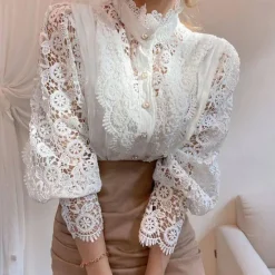 Best Women's Lace Shirt Blouse Eyelet top White Lace Shirt Solid Colored Elegant Fashion Elegant & Luxurious Shirt Collar Daily Hole Black White Apricot Spring Fall Winter Fall & Winter Women Blouses & Shirts