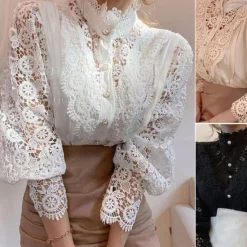 Best Women's Lace Shirt Blouse Eyelet top White Lace Shirt Solid Colored Elegant Fashion Elegant & Luxurious Shirt Collar Daily Hole Black White Apricot Spring Fall Winter Fall & Winter Women Blouses & Shirts