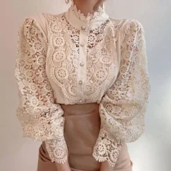 Best Women's Lace Shirt Blouse Eyelet top White Lace Shirt Solid Colored Elegant Fashion Elegant & Luxurious Shirt Collar Daily Hole Black White Apricot Spring Fall Winter Fall & Winter Women Blouses & Shirts