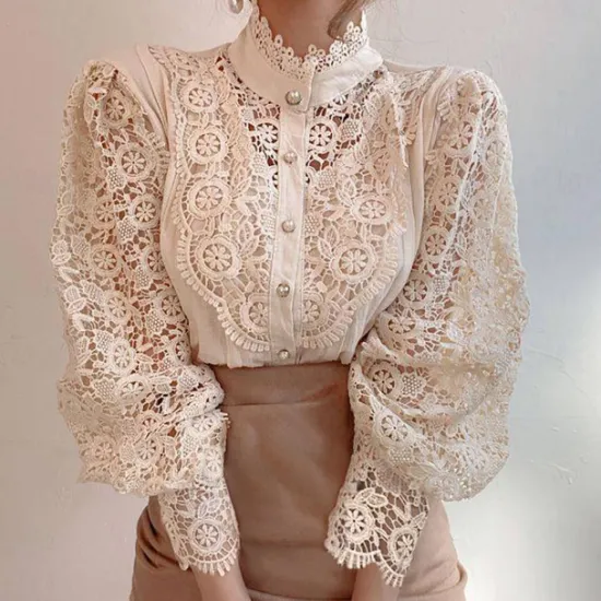 Best Women's Lace Shirt Blouse Eyelet top White Lace Shirt Solid Colored Elegant Fashion Elegant & Luxurious Shirt Collar Daily Hole Black White Apricot Spring Fall Winter Fall & Winter Women Blouses & Shirts