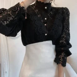 Best Women's Lace Shirt Blouse Eyelet top White Lace Shirt Solid Colored Elegant Fashion Elegant & Luxurious Shirt Collar Daily Hole Black White Apricot Spring Fall Winter Fall & Winter Women Blouses & Shirts