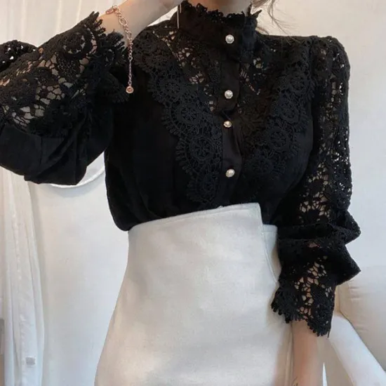 Best Women's Lace Shirt Blouse Eyelet top White Lace Shirt Solid Colored Elegant Fashion Elegant & Luxurious Shirt Collar Daily Hole Black White Apricot Spring Fall Winter Fall & Winter Women Blouses & Shirts