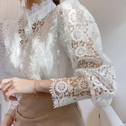 Best Women's Lace Shirt Blouse Eyelet top White Lace Shirt Solid Colored Elegant Fashion Elegant & Luxurious Shirt Collar Daily Hole Black White Apricot Spring Fall Winter Fall & Winter Women Blouses & Shirts
