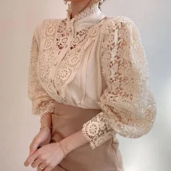 Best Women's Lace Shirt Blouse Eyelet top White Lace Shirt Solid Colored Elegant Fashion Elegant & Luxurious Shirt Collar Daily Hole Black White Apricot Spring Fall Winter Fall & Winter Women Blouses & Shirts
