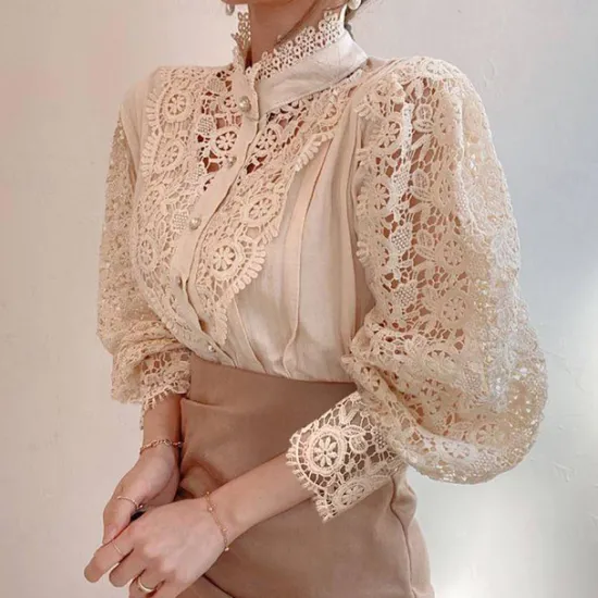 Best Women's Lace Shirt Blouse Eyelet top White Lace Shirt Solid Colored Elegant Fashion Elegant & Luxurious Shirt Collar Daily Hole Black White Apricot Spring Fall Winter Fall & Winter Women Blouses & Shirts