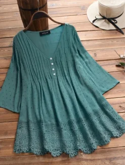 Sale Women's Lace Shirt Blouse Eyelet top White Lace Shirt Tribal Casual 3/4 Length Sleeve V Neck Regular Tops Vacation Daily Beach Lace Flowing tunic Navy Watermelon Red White Green Spring Fall Women Lace Tops