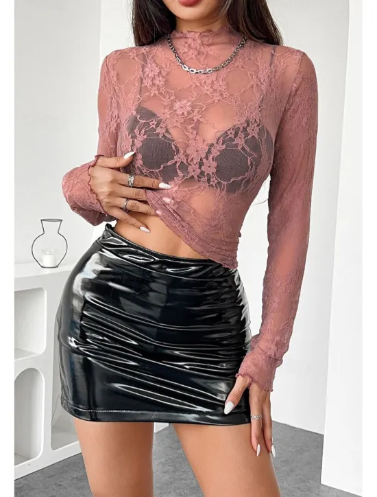 Outlet Women's Lace Shirt Blouse Plain Stylish Modern Long Sleeve Crew Neck Regular Tops Daily Holiday Going out Lace Black White Pink Red Summer Women Lace Tops