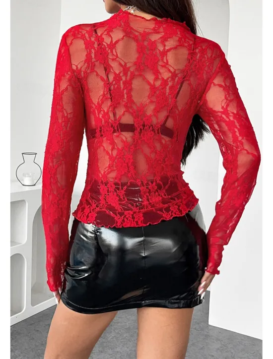 Outlet Women's Lace Shirt Blouse Plain Stylish Modern Long Sleeve Crew Neck Regular Tops Daily Holiday Going out Lace Black White Pink Red Summer Women Lace Tops