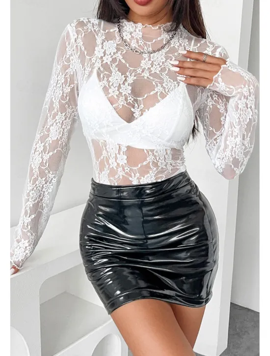 Outlet Women's Lace Shirt Blouse Plain Stylish Modern Long Sleeve Crew Neck Regular Tops Daily Holiday Going out Lace Black White Pink Red Summer Women Lace Tops
