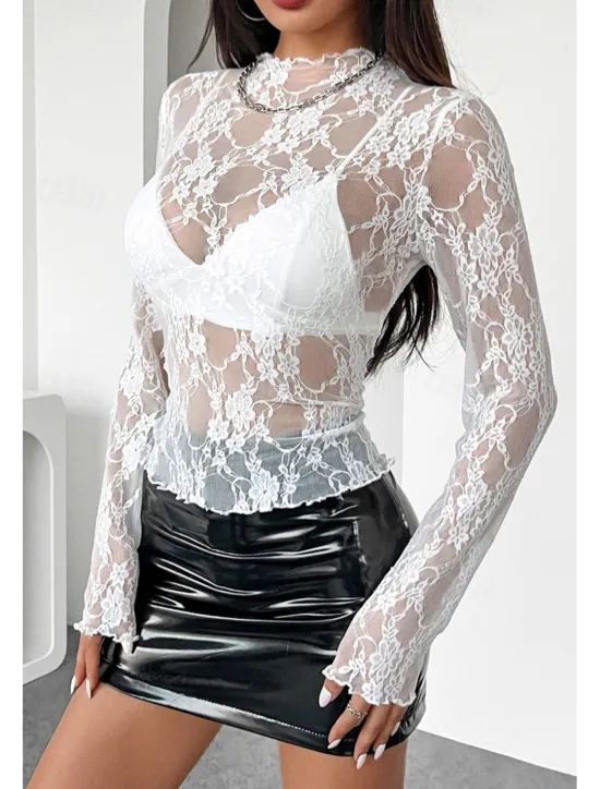 Outlet Women's Lace Shirt Blouse Plain Stylish Modern Long Sleeve Crew Neck Regular Tops Daily Holiday Going out Lace Black White Pink Red Summer Women Lace Tops