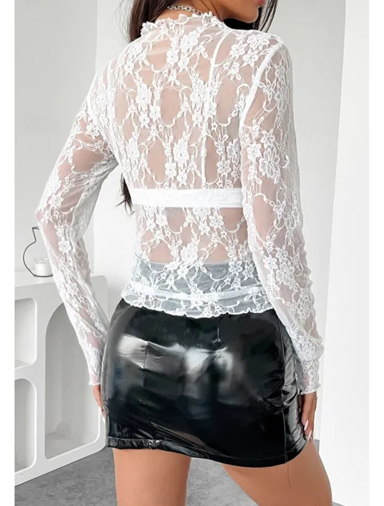 Outlet Women's Lace Shirt Blouse Plain Stylish Modern Long Sleeve Crew Neck Regular Tops Daily Holiday Going out Lace Black White Pink Red Summer Women Lace Tops