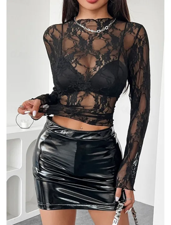 Outlet Women's Lace Shirt Blouse Plain Stylish Modern Long Sleeve Crew Neck Regular Tops Daily Holiday Going out Lace Black White Pink Red Summer Women Lace Tops
