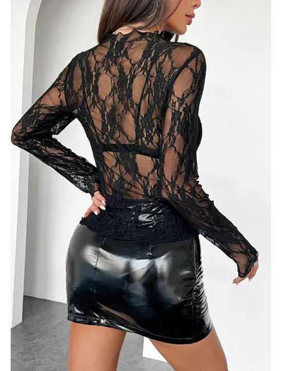 Outlet Women's Lace Shirt Blouse Plain Stylish Modern Long Sleeve Crew Neck Regular Tops Daily Holiday Going out Lace Black White Pink Red Summer Women Lace Tops