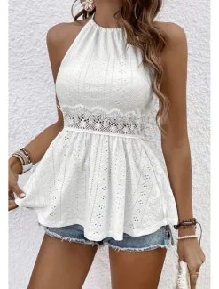 Sale Women's Lace Shirt Blouse Plain Modern Casual Sleeveless Crew Neck Regular Tops Daily Holiday Lace Summer Women Lace Tops