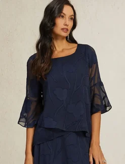 Online Women's Lace Shirt Blouse Dressy Tops Chiffon Tops Solid Color Elegant Stylish Basic 3/4 Length Sleeve Bell Sleeve Boat Neck Regular Tops Wedding Guest Work Daily Asymmetric Hem Summer Women Blouses & Shirts