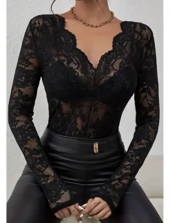 Hot Women's Lace Shirt Blouse Plain Stylish Long Sleeve V Neck Regular Tops Daily Going out Lace Black White Wine Summer Women Lace Tops