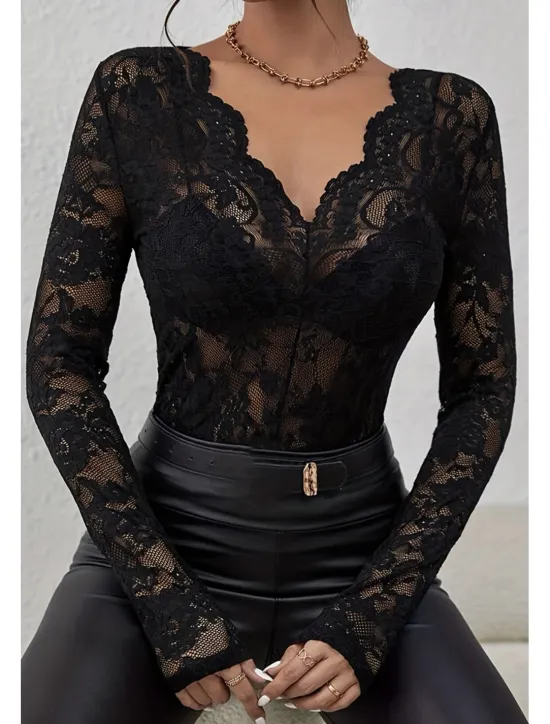Hot Women's Lace Shirt Blouse Plain Stylish Long Sleeve V Neck Regular Tops Daily Going out Lace Black White Wine Summer Women Lace Tops