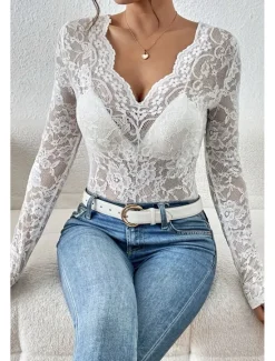 Hot Women's Lace Shirt Blouse Plain Stylish Long Sleeve V Neck Regular Tops Daily Going out Lace Black White Wine Summer Women Lace Tops