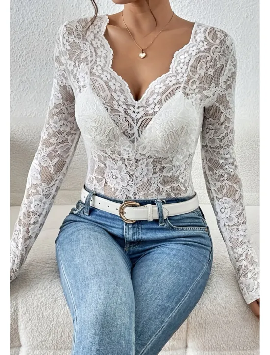 Hot Women's Lace Shirt Blouse Plain Stylish Long Sleeve V Neck Regular Tops Daily Going out Lace Black White Wine Summer Women Lace Tops