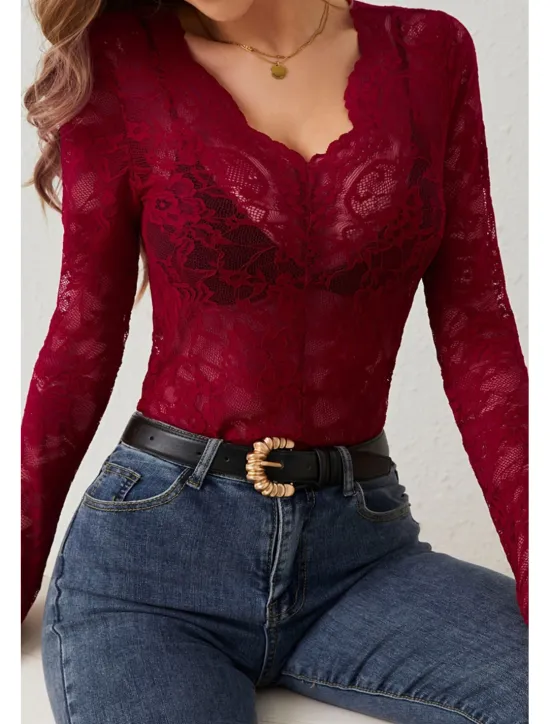 Hot Women's Lace Shirt Blouse Plain Stylish Long Sleeve V Neck Regular Tops Daily Going out Lace Black White Wine Summer Women Lace Tops