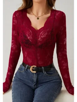 Hot Women's Lace Shirt Blouse Plain Stylish Long Sleeve V Neck Regular Tops Daily Going out Lace Black White Wine Summer Women Lace Tops