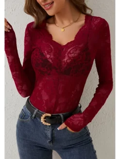 Hot Women's Lace Shirt Blouse Plain Stylish Long Sleeve V Neck Regular Tops Daily Going out Lace Black White Wine Summer Women Lace Tops