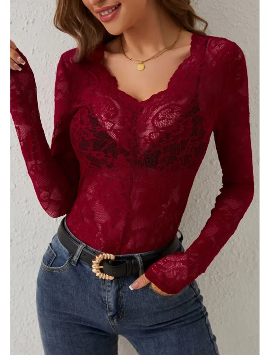 Hot Women's Lace Shirt Blouse Plain Stylish Long Sleeve V Neck Regular Tops Daily Going out Lace Black White Wine Summer Women Lace Tops