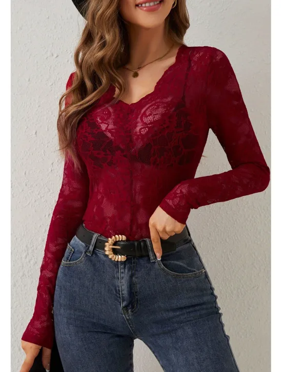 Hot Women's Lace Shirt Blouse Plain Stylish Long Sleeve V Neck Regular Tops Daily Going out Lace Black White Wine Summer Women Lace Tops
