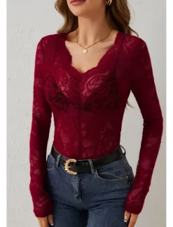 Hot Women's Lace Shirt Blouse Plain Stylish Long Sleeve V Neck Regular Tops Daily Going out Lace Black White Wine Summer Women Lace Tops