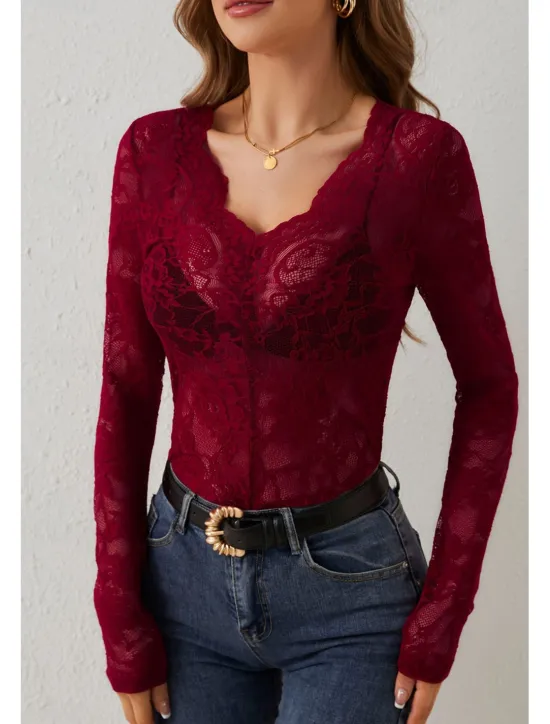 Hot Women's Lace Shirt Blouse Plain Stylish Long Sleeve V Neck Regular Tops Daily Going out Lace Black White Wine Summer Women Lace Tops
