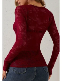 Hot Women's Lace Shirt Blouse Plain Stylish Long Sleeve V Neck Regular Tops Daily Going out Lace Black White Wine Summer Women Lace Tops