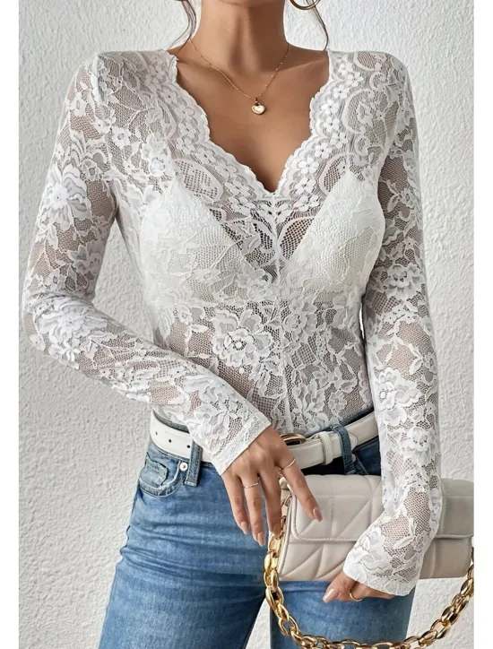 Hot Women's Lace Shirt Blouse Plain Stylish Long Sleeve V Neck Regular Tops Daily Going out Lace Black White Wine Summer Women Lace Tops