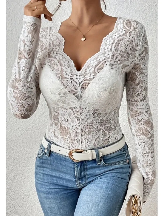 Hot Women's Lace Shirt Blouse Plain Stylish Long Sleeve V Neck Regular Tops Daily Going out Lace Black White Wine Summer Women Lace Tops