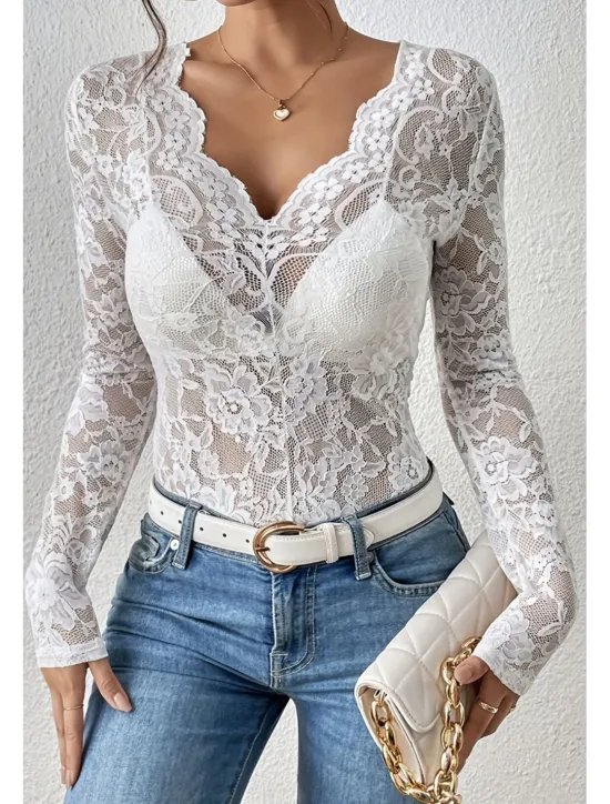 Hot Women's Lace Shirt Blouse Plain Stylish Long Sleeve V Neck Regular Tops Daily Going out Lace Black White Wine Summer Women Lace Tops