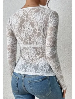 Hot Women's Lace Shirt Blouse Plain Stylish Long Sleeve V Neck Regular Tops Daily Going out Lace Black White Wine Summer Women Lace Tops