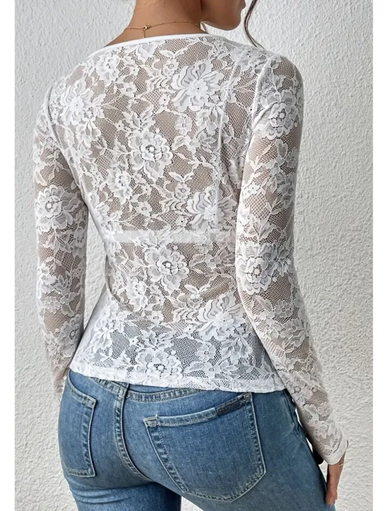 Hot Women's Lace Shirt Blouse Plain Stylish Long Sleeve V Neck Regular Tops Daily Going out Lace Black White Wine Summer Women Lace Tops