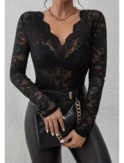 Hot Women's Lace Shirt Blouse Plain Stylish Long Sleeve V Neck Regular Tops Daily Going out Lace Black White Wine Summer Women Lace Tops